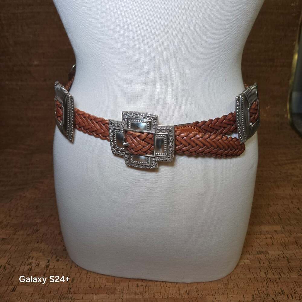 Vintage Braided Leather Concho Belt with Silver Heart & Cross Ornaments Size M